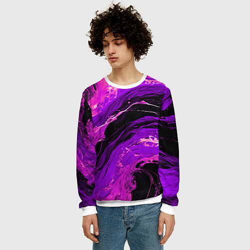 Мужской свитшот Фиолетовые брызги на чёрном фоне / 3D-Белый – фото 3