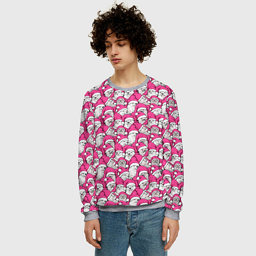 Мужской свитшот Выдры новогодние в розовых колпаках / 3D-Меланж – фото 3
