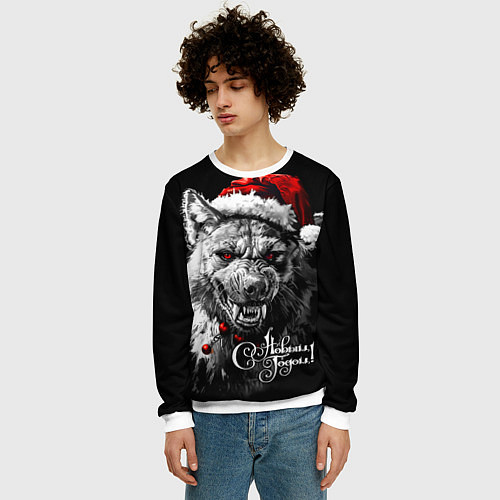 Мужской свитшот Свирепая гиена в шапке Санты / 3D-Белый – фото 3