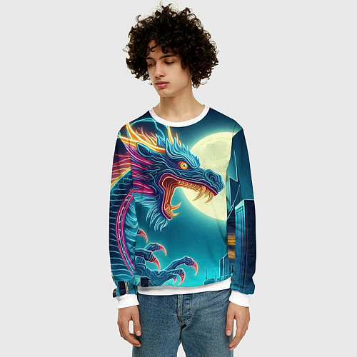 Мужской свитшот Японский свирепый дракон на фоне луны / 3D-Белый – фото 3
