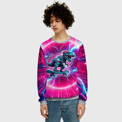 Мужской свитшот Cyber tyrannosaurus is a cool skateboarder / 3D-Меланж – фото 3