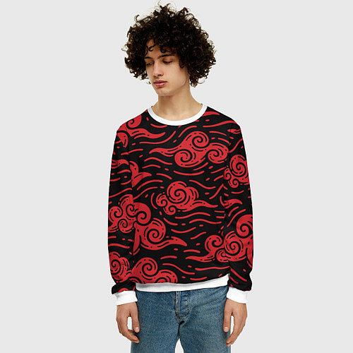 Мужской свитшот Японский орнамент - красные облака / 3D-Белый – фото 3