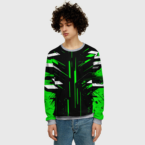 Мужской свитшот Зелёно-белые полосы и точки на чёрном фоне / 3D-Меланж – фото 3