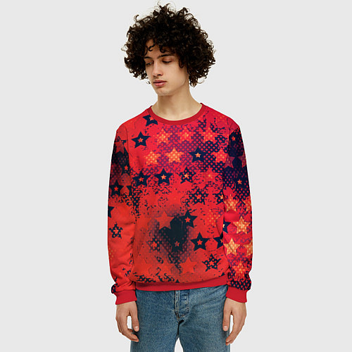 Мужской свитшот Яркие звезды на красном фоне / 3D-Красный – фото 3
