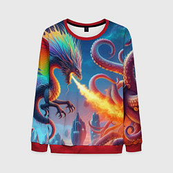 Мужской свитшот Огнедышащий дракон против осьминога - нейроарт фан