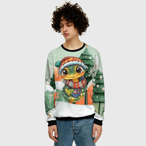 Мужской свитшот Новогодняя змейка в шарфике / 3D-Черный – фото 3
