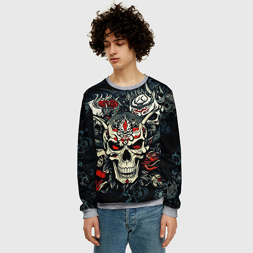 Мужской свитшот Маска Хання на черепе самурая на фоне духов / 3D-Меланж – фото 3