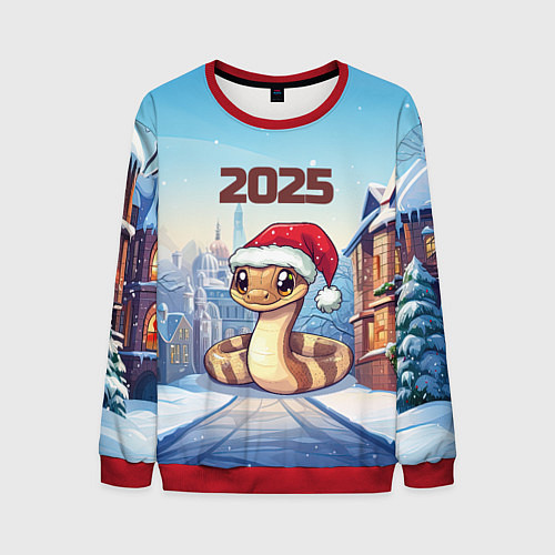 Мужской свитшот Довольная новогодняя змейка 2025 / 3D-Красный – фото 1
