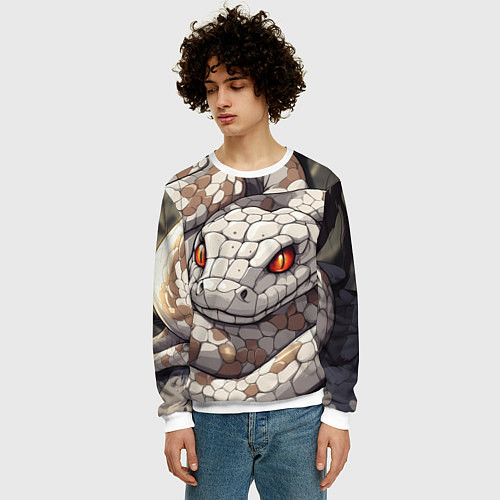Мужской свитшот Бежевая змея с красными глазами / 3D-Белый – фото 3