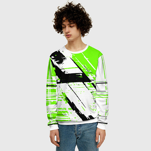 Мужской свитшот Diagonal black and green stripes on a white backgr / 3D-Белый – фото 3