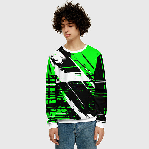 Мужской свитшот Diagonal black and white stripes on a green backgr / 3D-Белый – фото 3