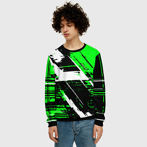 Мужской свитшот Diagonal black and white stripes on a green backgr / 3D-Черный – фото 3