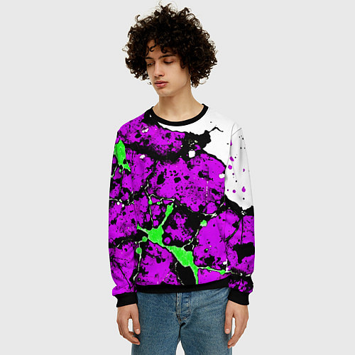 Мужской свитшот Зелёно-розовая абстракция на белом фоне / 3D-Черный – фото 3