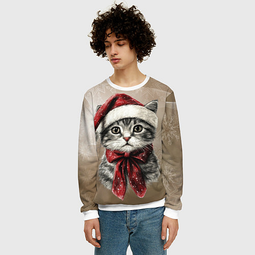 Мужской свитшот Котик в новогоднем колпаке / 3D-Белый – фото 3