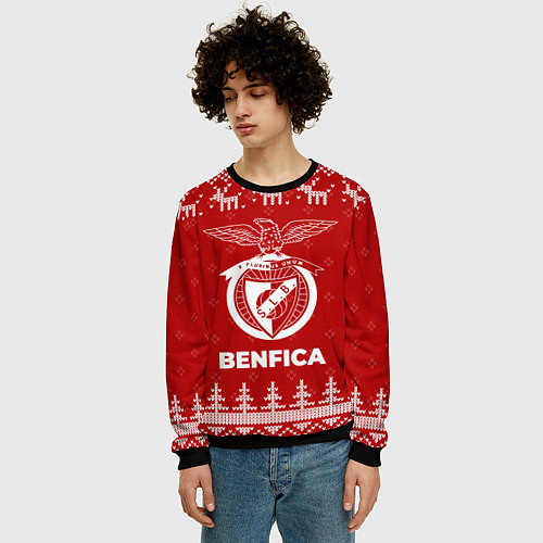 Мужской свитшот Новогодний Benfica с оленями / 3D-Черный – фото 3
