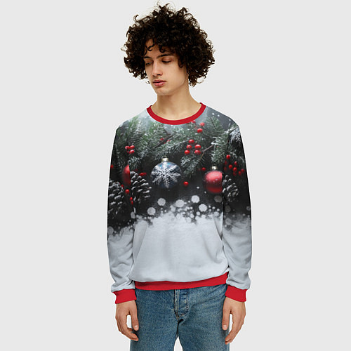 Мужской свитшот Елочные игрушки и снег / 3D-Красный – фото 3