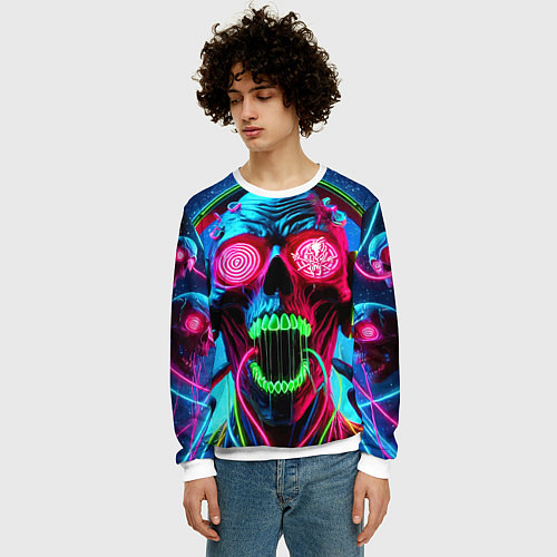 Мужской свитшот Metallica - neon skull with headphones / 3D-Белый – фото 3
