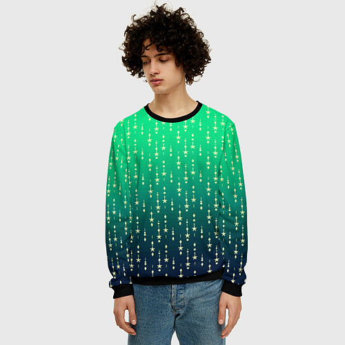 Мужской свитшот Градиент зелёно-синий со звёздочками / 3D-Черный – фото 3