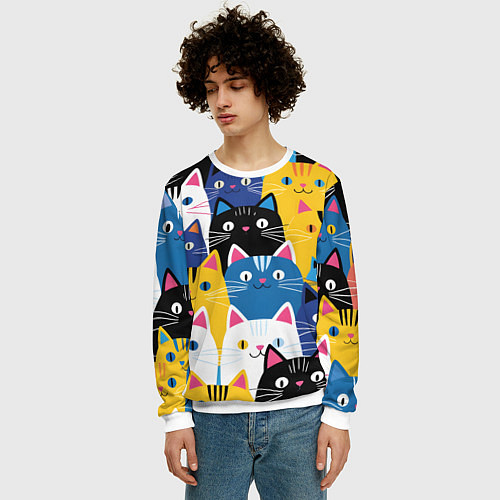Мужской свитшот Много цветных котиков / 3D-Белый – фото 3