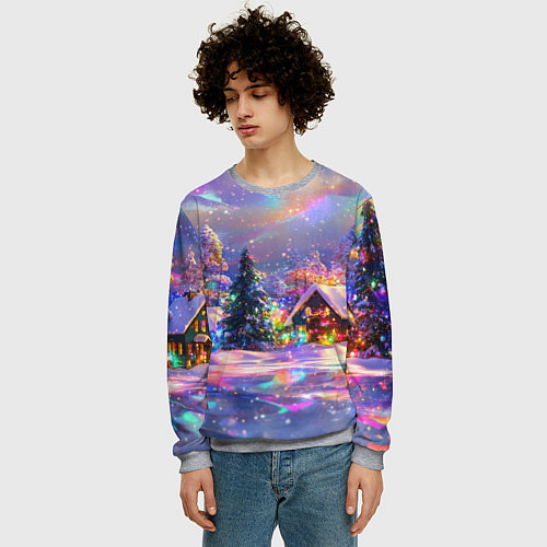 Мужской свитшот Дух рождества - зимние домики / 3D-Меланж – фото 3