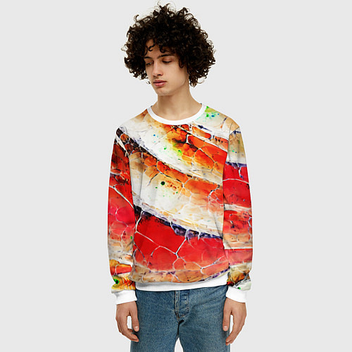 Мужской свитшот Красно-белая волнистая абстракция / 3D-Белый – фото 3