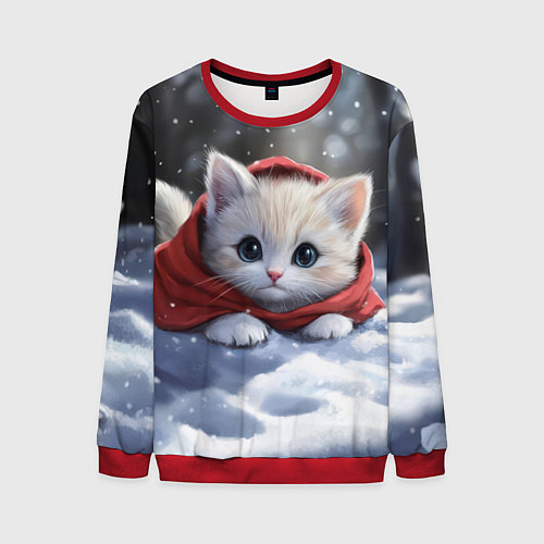 Мужской свитшот Новогодняя кошечка на снегу / 3D-Красный – фото 1