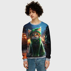 Свитшот мужской Зеленый новогодний котик, цвет: 3D-меланж — фото 2