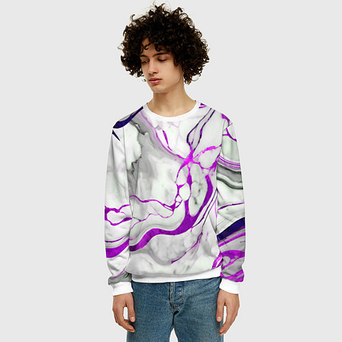 Мужской свитшот Фиолетово-белый мрамор / 3D-Белый – фото 3
