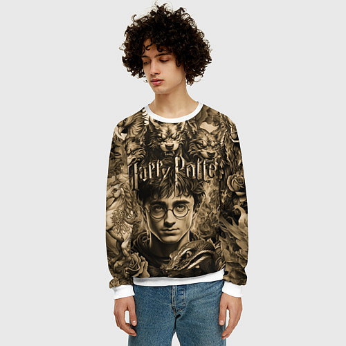 Мужской свитшот Гарри Поттер и волшебные существа в стиле тату / 3D-Белый – фото 3