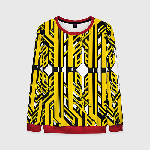 Мужской свитшот Чёрно-жёлтые техно полосы на белом фоне / 3D-Красный – фото 1