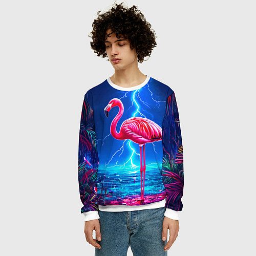 Мужской свитшот Фламинго и молния / 3D-Белый – фото 3