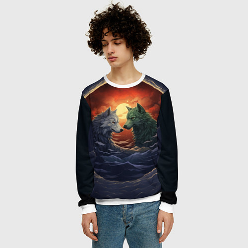 Мужской свитшот Волк и волчица в море под луной / 3D-Белый – фото 3