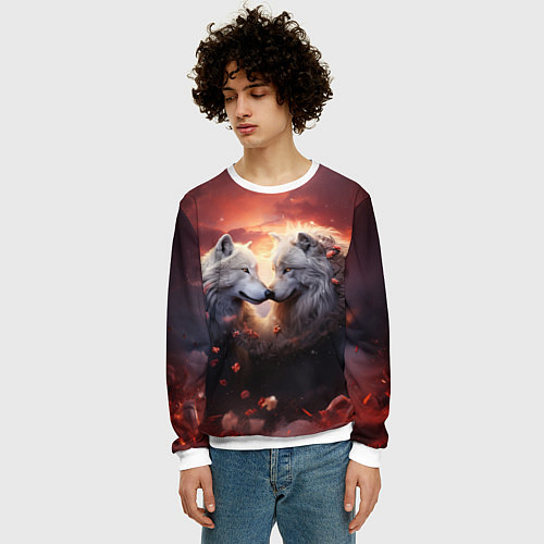 Мужской свитшот Влюбленные волки в цветах / 3D-Белый – фото 3
