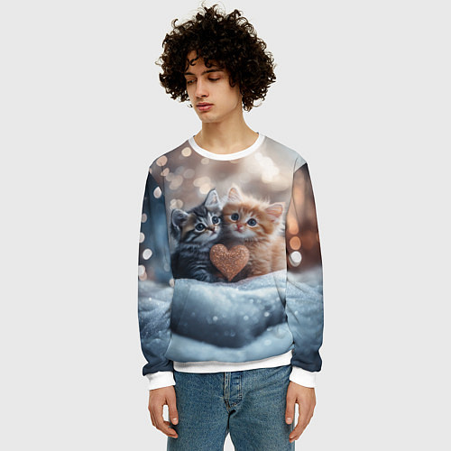 Мужской свитшот Влюбленные котята с сердечком / 3D-Белый – фото 3