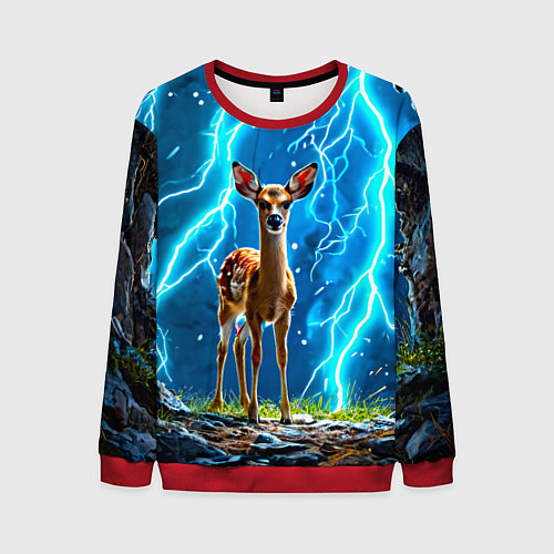 Мужской свитшот Олененок в разрядах молний / 3D-Красный – фото 1