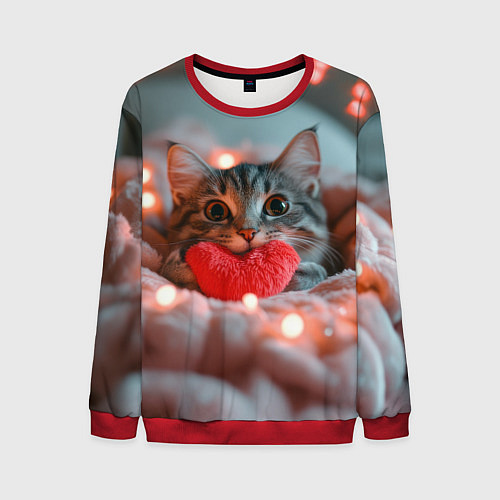 Мужской свитшот Котик с сердечком / 3D-Красный – фото 1