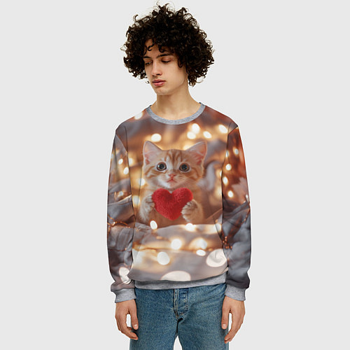 Мужской свитшот Кошечка держит в лапках сердечко / 3D-Меланж – фото 3