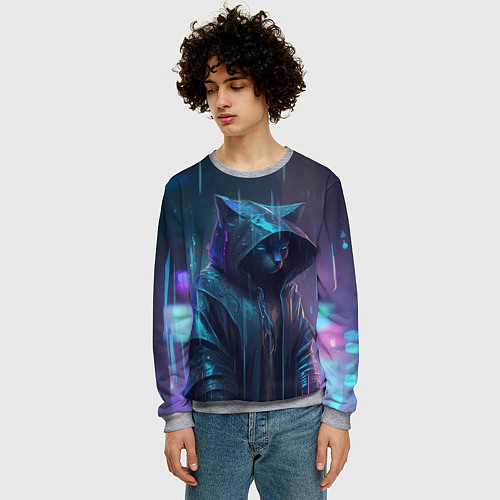 Мужской свитшот Чёрный кот под дождём / 3D-Меланж – фото 3