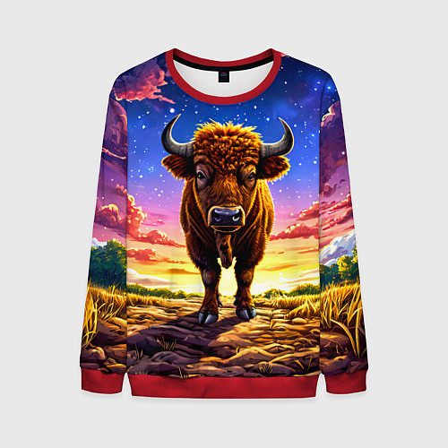 Мужской свитшот Буйвол в звездной ночи / 3D-Красный – фото 1