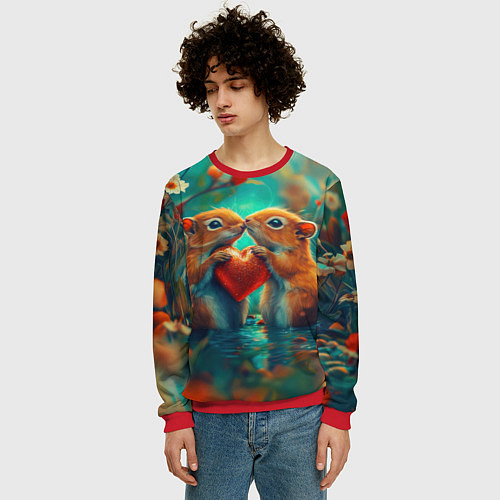 Мужской свитшот Влюбленные белки держат сердце / 3D-Красный – фото 3