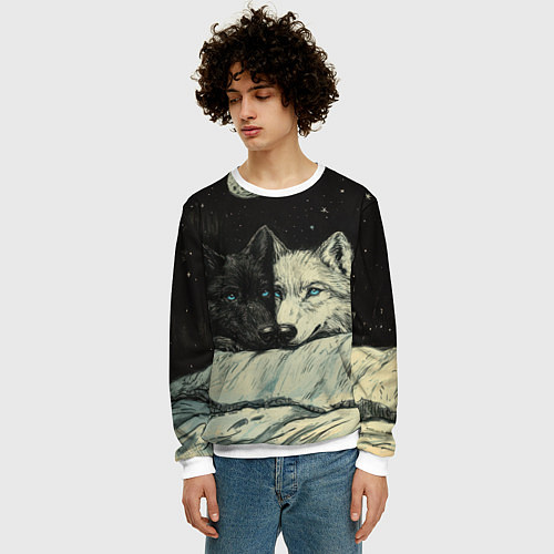 Мужской свитшот Черный волк и белая волчица / 3D-Белый – фото 3