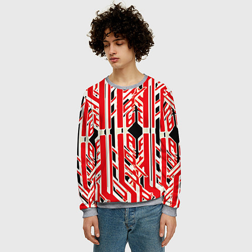 Мужской свитшот Бело-красные техно полосы на чёрном фоне / 3D-Меланж – фото 3