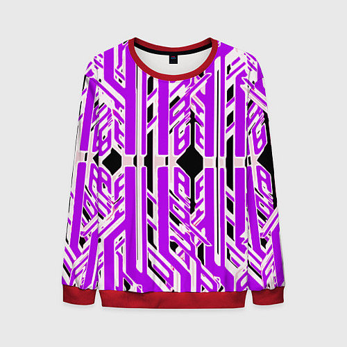 Мужской свитшот Бело-фиолетовые техно полосы на чёрном фоне / 3D-Красный – фото 1