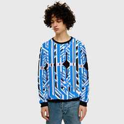 Свитшот мужской Бело-синие техно полосы на чёрном фоне, цвет: 3D-черный — фото 2