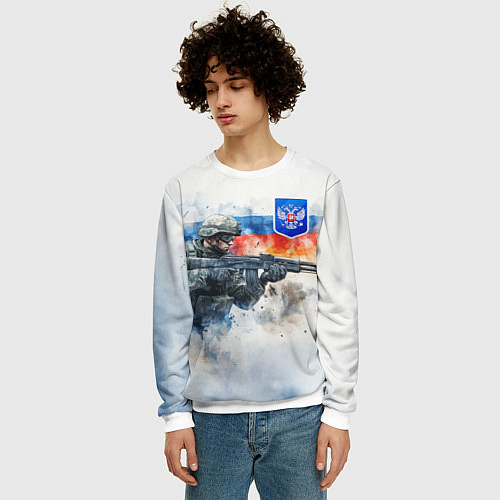 Мужской свитшот Русский солдат и синий герб РФ / 3D-Белый – фото 3