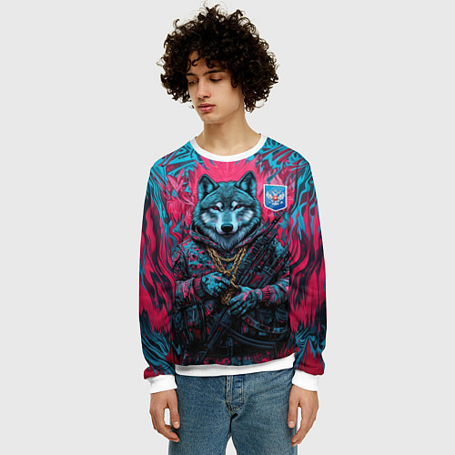 Мужской свитшот Волк с гербом РФ / 3D-Белый – фото 3