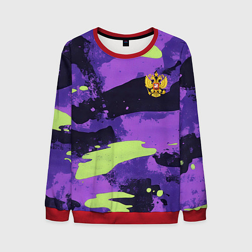 Мужской свитшот Герб РФ на фиолетовом камуфляже / 3D-Красный – фото 1