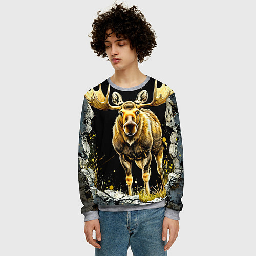Мужской свитшот Лось на черном / 3D-Меланж – фото 3