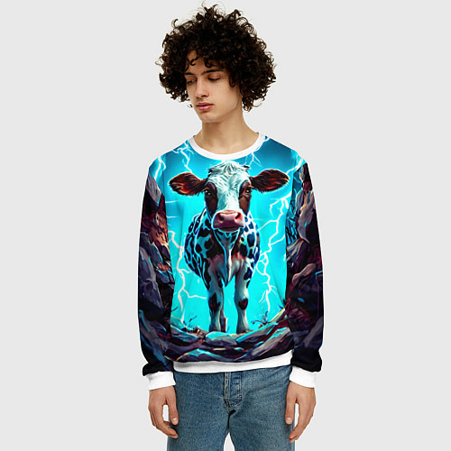 Мужской свитшот Корова в разрядах молнии / 3D-Белый – фото 3