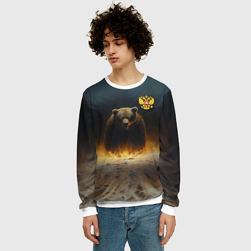 Мужской свитшот Русский медведь в огненном поле / 3D-Белый – фото 3